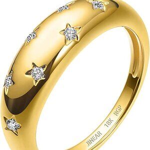 18k Gold Plated Croissant Braided Twisted Signet Chunky Dome Ring Stacking Star